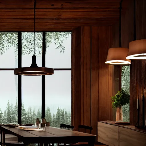 Prompt: photo of a beautiful wooden dining room with a window with a view of a rainy european forest outside,at night, beautful view,winning award photo,4k,ambient lighting, chillout,relaxing