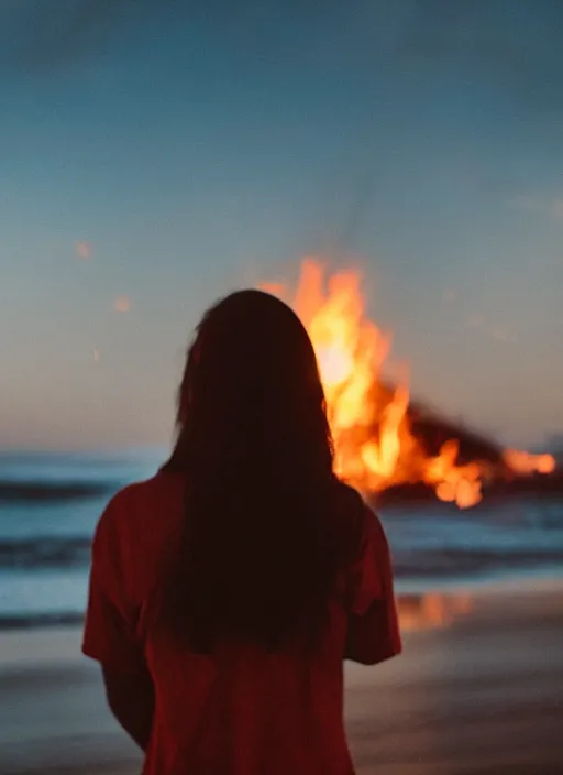 Image similar to a 3 5 mm photo from the back of a woman watching a bonfire on the beach, splash art, movie still, bokeh, canon 5 0 mm, cinematic lighting, dramatic, film, photography, golden hour, depth of field, award - winning, anamorphic lens flare, 8 k, hyper detailed, 3 5 mm film grain