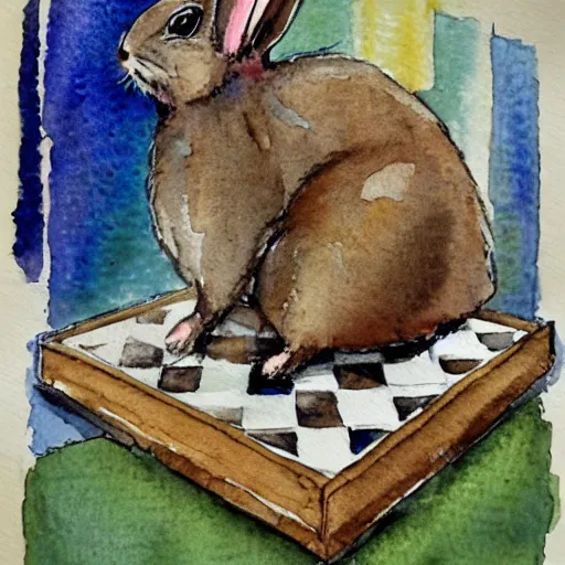 Image similar to a surprised rabbit sitting behind a chessboard, realistic watercolour