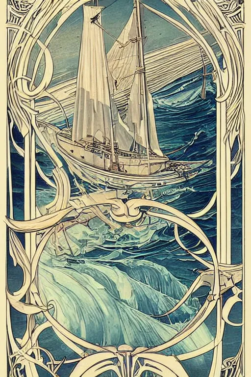 Image similar to Beautiful Art Nouveau print of a ship crossing the vast ocean