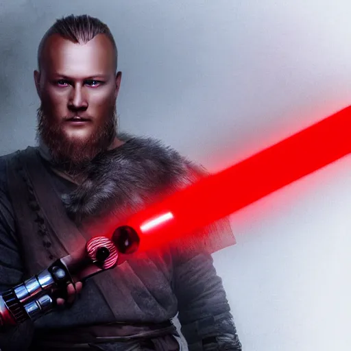 Prompt: Ragnar Lothbrok wielding a red lightsaber, by Lionel Royer, trending on artstation 4k.