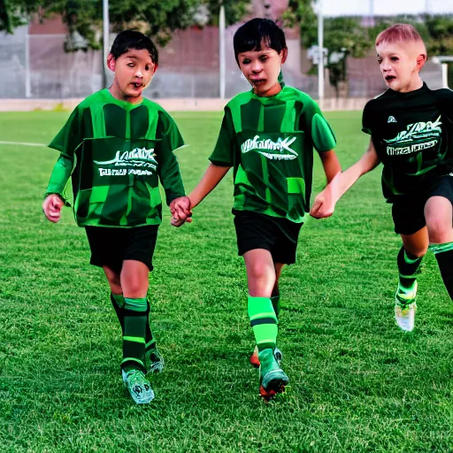 Prompt: young boys in green soccer jerseys playing soccer