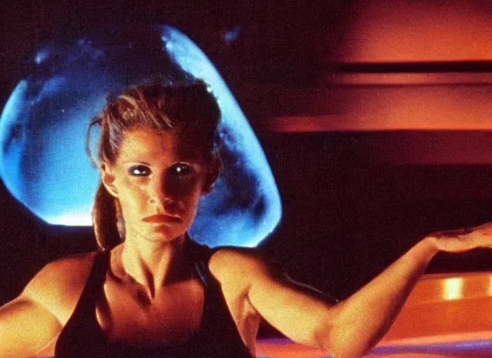 Image similar to a still of a woman from a 1 9 8 0 s sci - fi movie