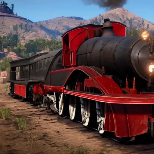 Image similar to futuristic sleek steam locomotive in red dead redemption 2