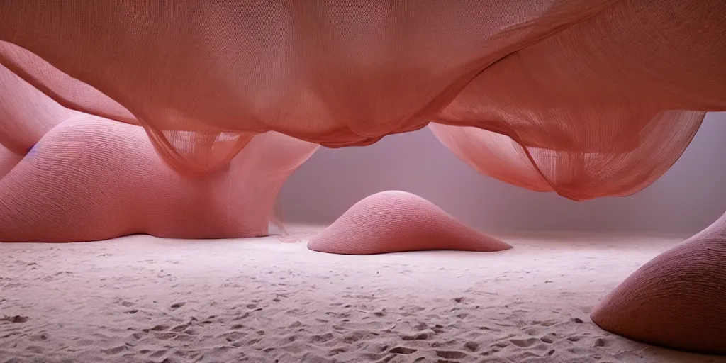 Image similar to soft biomorphic structures out of stocking - like material and nets that fills with various objects like spices, sand and shells by ernesto neto, dusty pink with light - mint color, film still from the movie directed by denis villeneuve with art direction by zdzisław beksinski, telephoto lens, shallow depth of field