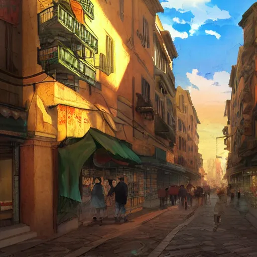 Prompt: Chinatown, Rome, Anime scenery concept art by Makoto Shinkai