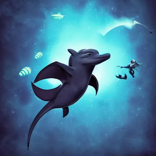 Image similar to “ dolphin in the style of how to train your dragon holding laser gun, floating alone, with a black background, digital art, award winning, trending on art station, retro style ”