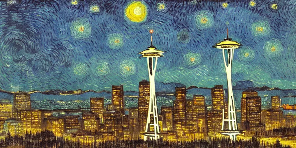 Prompt: downtown Seattle at night, with Space Needle, by VanGogh, detailed