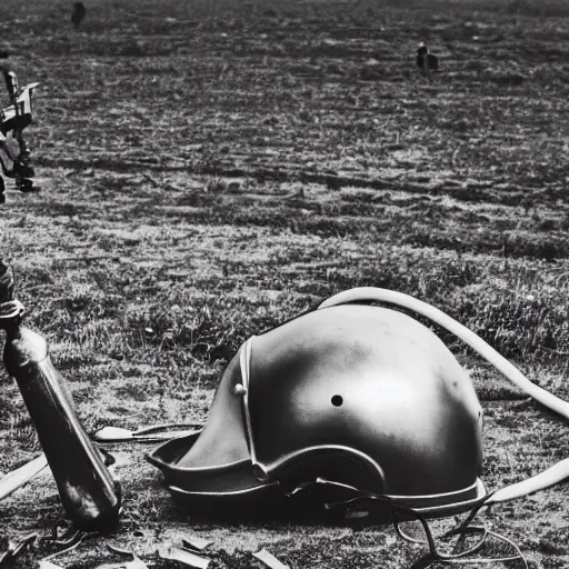 Image similar to wide angle photo of viking wearing space suit helmet and viking armor working on the antigravity gun ancient device, tools and junk on the ground,wires and lights, old village in the distance, vintage old photo, black and white, sepia