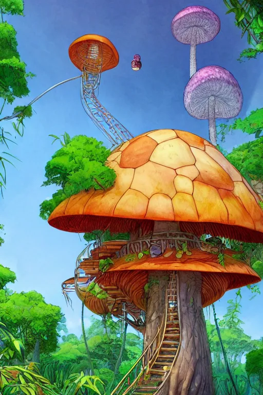 Image similar to a tree house in the jungle, big mushroom, sunshine, by alba ballesta gonzalez and moebius. 4 k wallpaper, digital 2 d, comic, illustration, extremely detailed, cinematic lighting, smooth sharp focus.