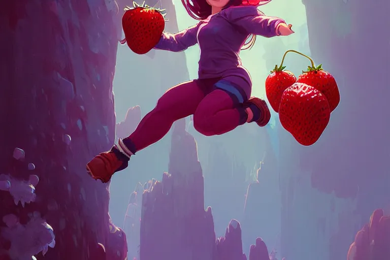 Image similar to madeline from celeste jumping to a big strawberry, ( ( ( blue bubble jacket ) ) ) ( ( ( red long hair ) ) ), highly detailed, digital painting, artstation, concept art, sharp focus, illustration, art by greg rutkowski and alphonse mucha