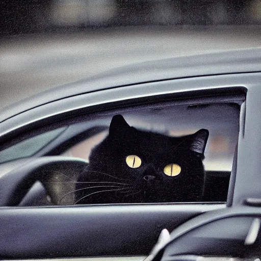 Image similar to A sad black cat driving his car to work, award-winning photograph, highly detailed, gloomy, washed out colors, the car is a Toyota prius, depressive