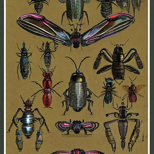 Image similar to detailed color technical schematics of robotic insectoids by da vinci