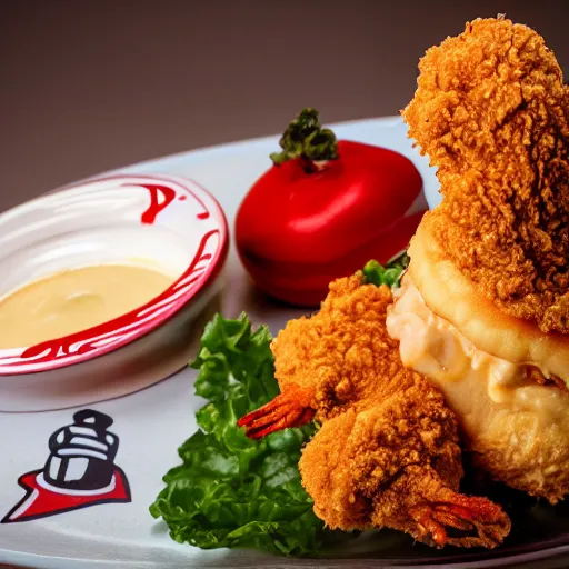 Image similar to a fried chicken milkshake with the kfc logo, next to a shrimp wearing a little red dress on a plate, food photography, studio lighting, hyper realistic, sharp focus, hyper - realistic, 8 k resolution