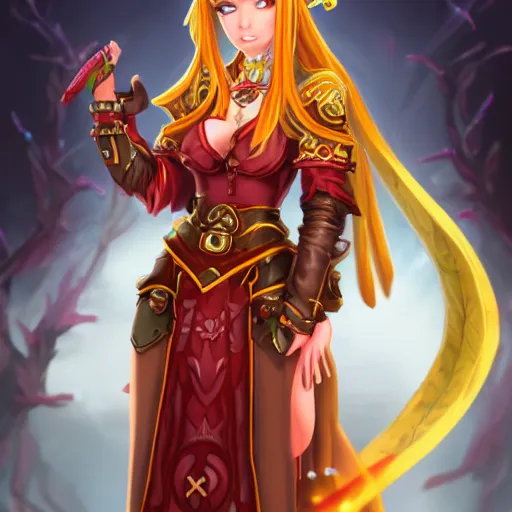 Image similar to natalie from epic battle fantasy, redhead, cartoony, priestess, red robes, highly detailed, fanart