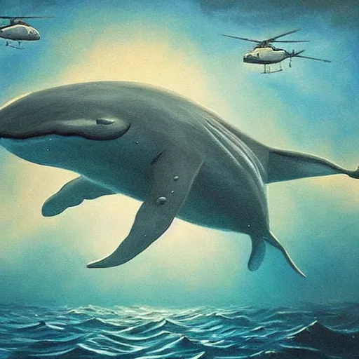 Image similar to an modern hyperrealistic painting, under the sea, helicopters flying underwater around a big whale