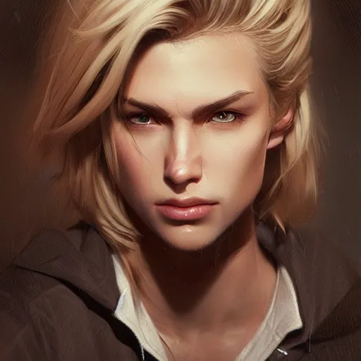 Image similar to hot looking blonde girl wearing jacket, light stubble, digital art, photorealistoc, art by greg rutkowski, hyperdetailed, western comic style, comic, comic style, sharp lineart, professional lighting, deviantart, artstation, trevor henderson, rossdtaws, cinematic, dramatic