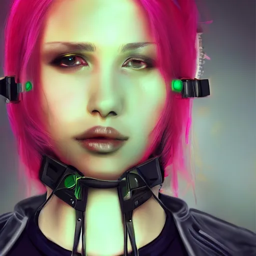 Image similar to realistic female character cyberpunk wearing technological collar around neck, realistic, art, beautiful, 4K, collar, choker, collar around neck, punk, artstation, detailed, female, woman, choker, cyberpunk, punk, collar, choker, collar around neck,