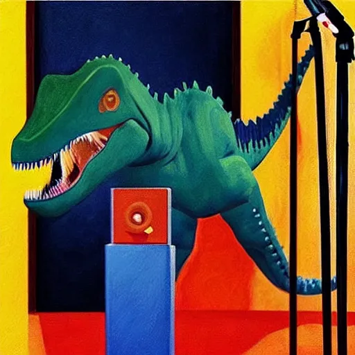 Prompt: “dinosaur singing karaoke detailed trex happy podcast national geographic figure dramatic lighting proportional symmetrical minimalism Edward Hooper Matisse digital art oil painting”