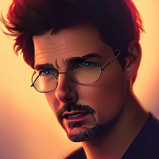 Image similar to Tom Cruise playing Tony Stark, ambient lighting, 4k, alphonse mucha, lois van baarle, ilya kuvshinov, rossdraws, artstation