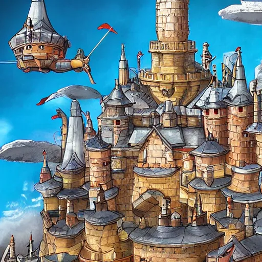 Image similar to Detailed digital illustration close up view on medieval castle fly in the sky Akira Toriyama and Blizzard Concept Artists