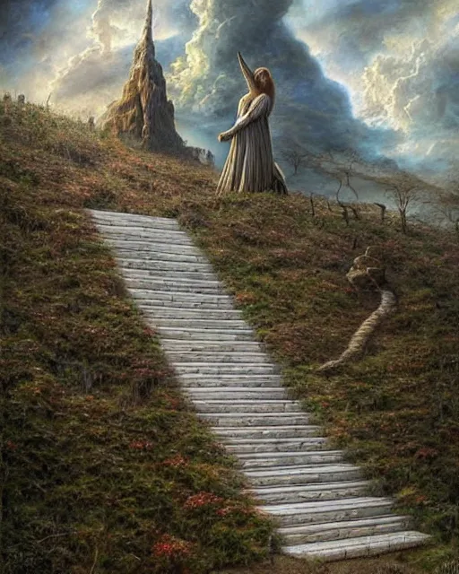 Image similar to Stairway to heaven by Tomasz Alen Kopera and salvator Dali and greg rutkowski, impressive perspective, I can't believe how detailled this is, masterpiece