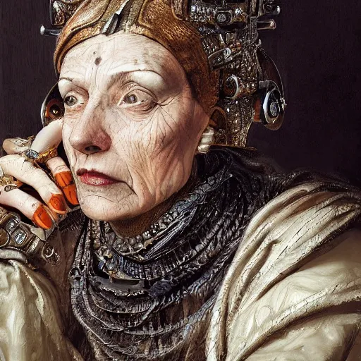 Image similar to portrait, headshot, digital painting, of a old 17th century, old cyborg female merchant, amber jewels, baroque, ornate clothing, scifi, realistic, hyperdetailed, chiaroscuro, concept art, art by Franz Hals and Jon Foster