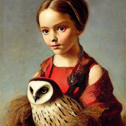 Prompt: portrait of beautiful girl holding an owl