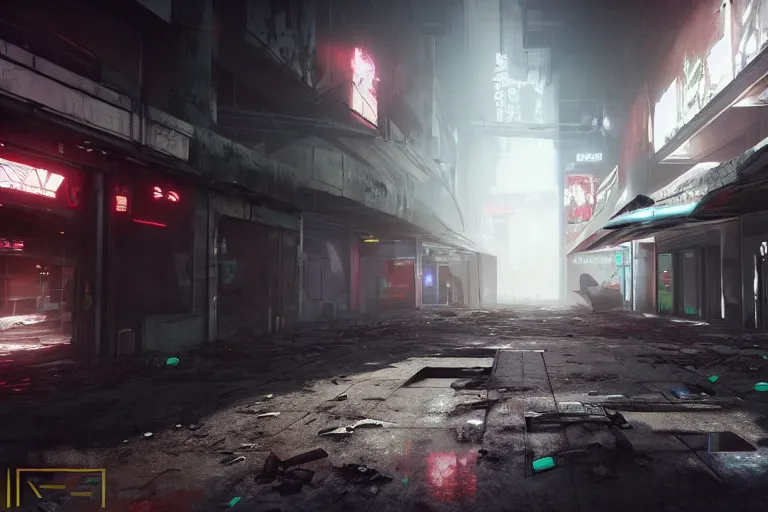 Image similar to a photorealistic first person shooter game trailer on a abandoned cyberpunk shopping mall, cinematic lightning, ray tracing, unreal engine, photorealistic fps game concept art, detailed, dark, moody, foggy