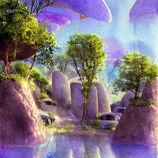 Prompt: beautiful happy picturesque charming sci - fi organic pod - like homes of the future in a beautiful natural scene. water, trees and rocks. beautiful light. soft colour scheme. beautiful artistic detailed watercolor by lurid. ( 2 0 2 2 )