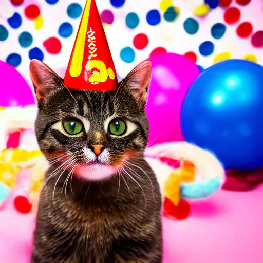 Prompt: a photo of a very cute cat wearing a birthday party hat, studio portrait, back background with fireworks. portrait.