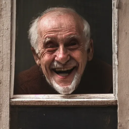 Image similar to the head of a smiling old man seen through a window