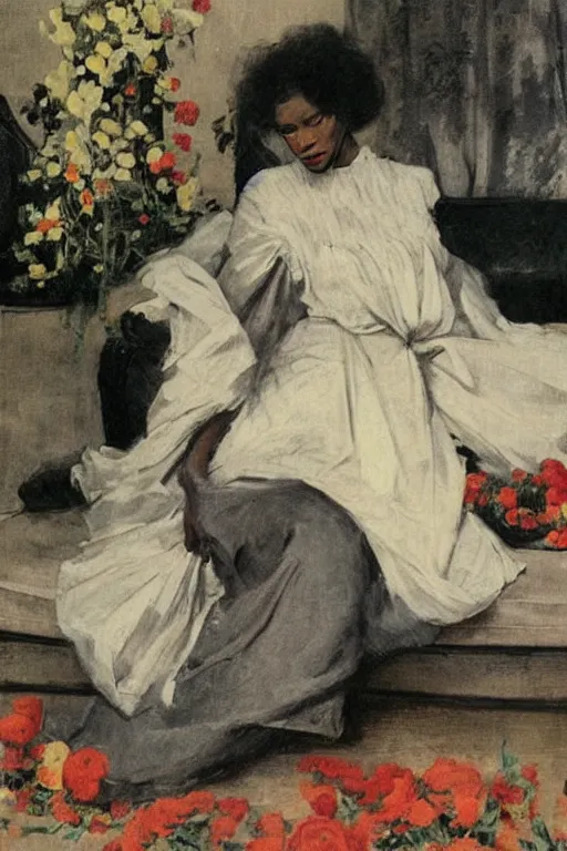 Image similar to black european woman in a gown laying on couch, bloom flowers, modern, eclectic, illustration, by ramon casas