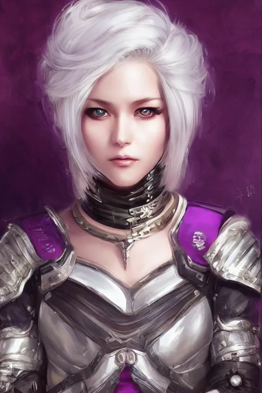 Prompt: A realistic anime portrait of a short white haired female rogue wearing an intricate medium armor, middle eastern, purple eyes, digital painting, by Stanley Artgerm Lau, Sakimichan, WLOP and Rossdraws, digtial painting, trending on ArtStation, SFW version