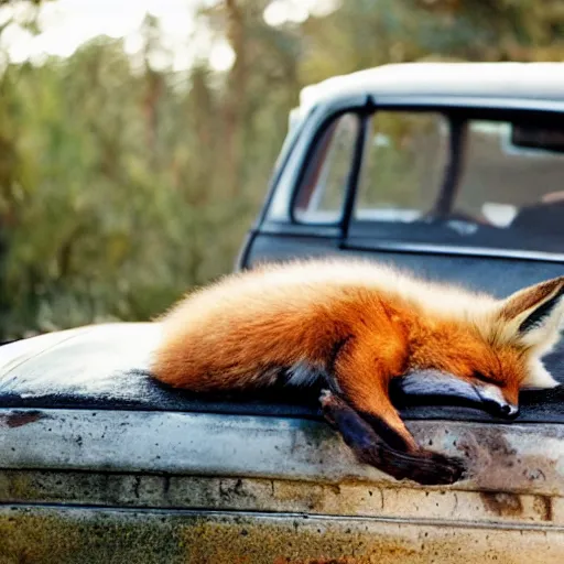 Image similar to fox sleeping on an old car, award winning photography