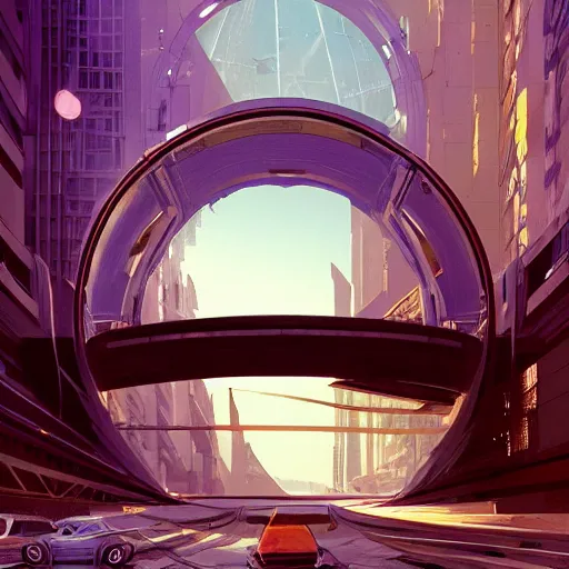 Image similar to centered circular derelict portal in a middle of a futuristic cityscape located under a bridgeway, world seen only through a portal, daylight, cinematic perspective, cinematic lighting, blue sky, syd mead, john harris, symmetrical