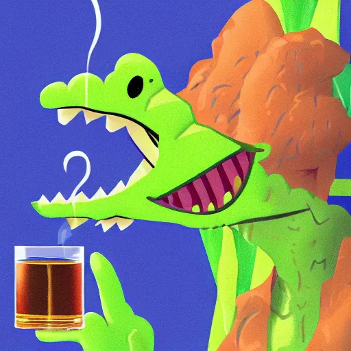 Image similar to barney the dinosaur from kids show drinking whisky and smoking a cigar, portrait art by, digital art, trending on artstation