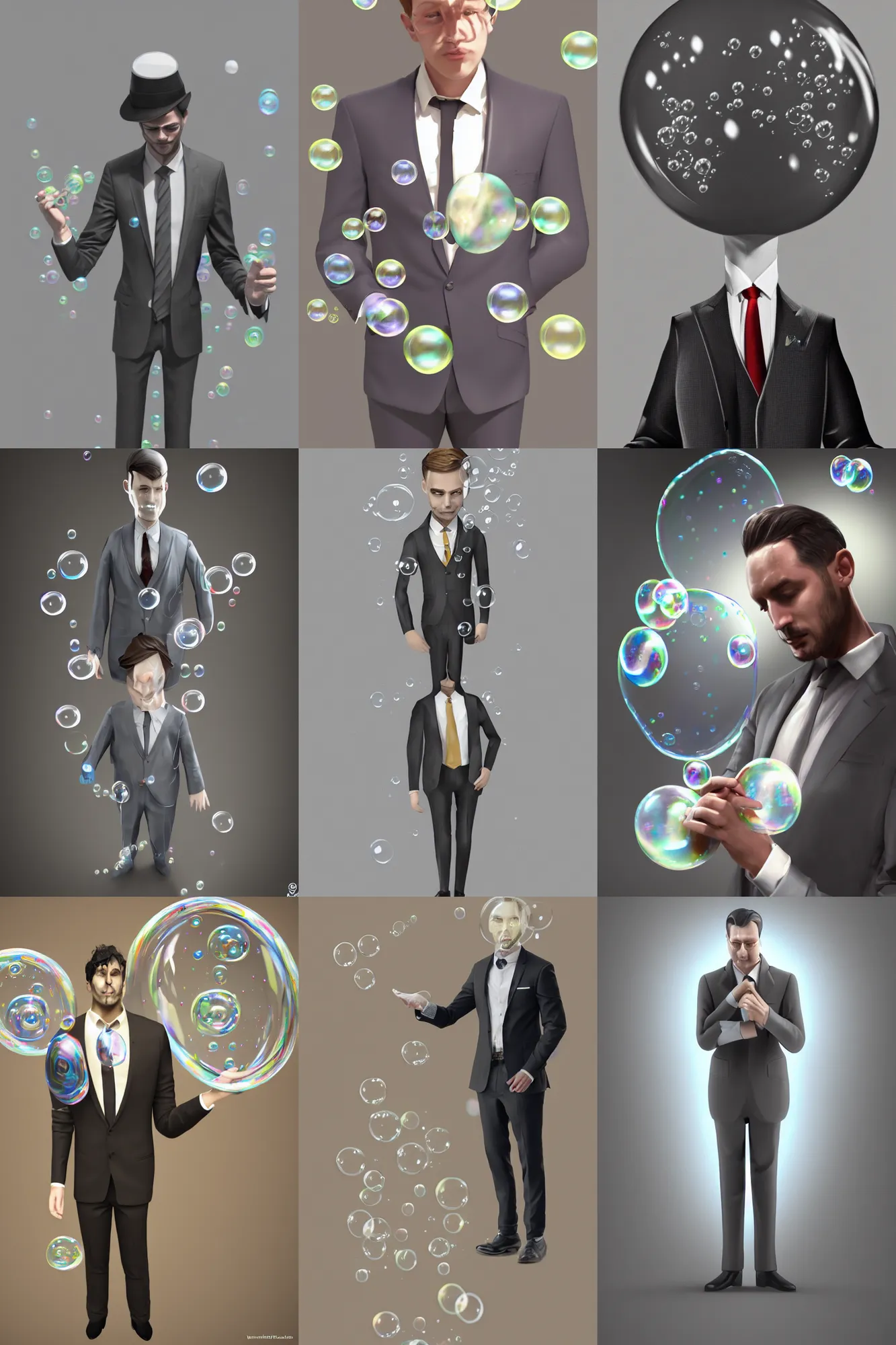 Prompt: man in a suit made of Soap Bubbles, artstation