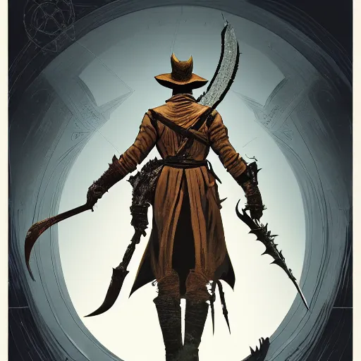 Image similar to an ultra detailed vector image of the hunter from bloodborne dressed as solaire of astora, concept art by alphonse mucha and greg rutkowski, scary shadows, blood moon eclipse, octane render, liminal space