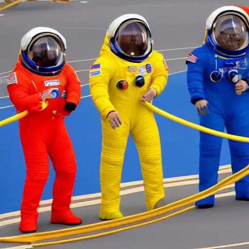 Image similar to 5 space astronauts in spacesuits of different colors, running in a relay race in a stadium, olympic games