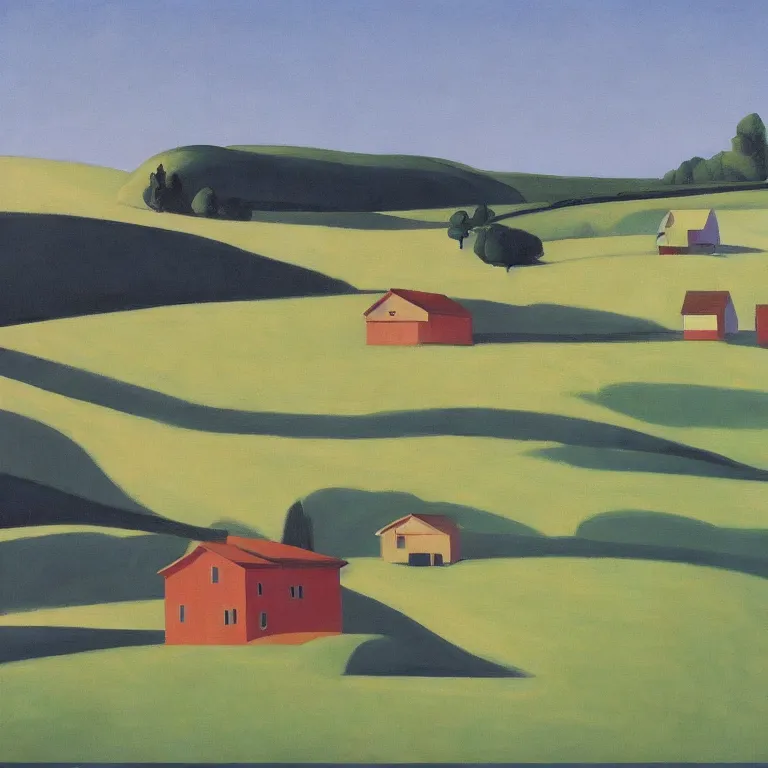 Image similar to dreaming futuristic rural landscape with modern houses, painted by Alex Katz, painted by Edward Hopper, airbrush