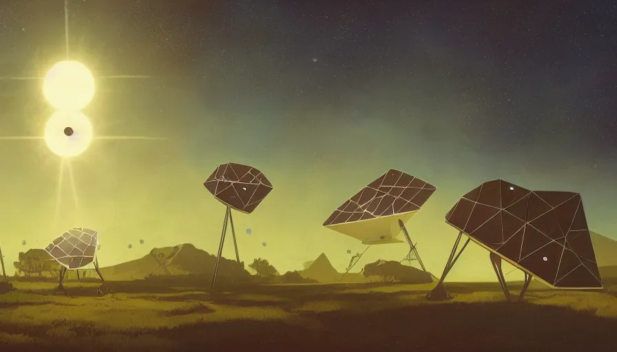 Prompt: hexagonal solar sails floating in front of sun, simon stalenhag