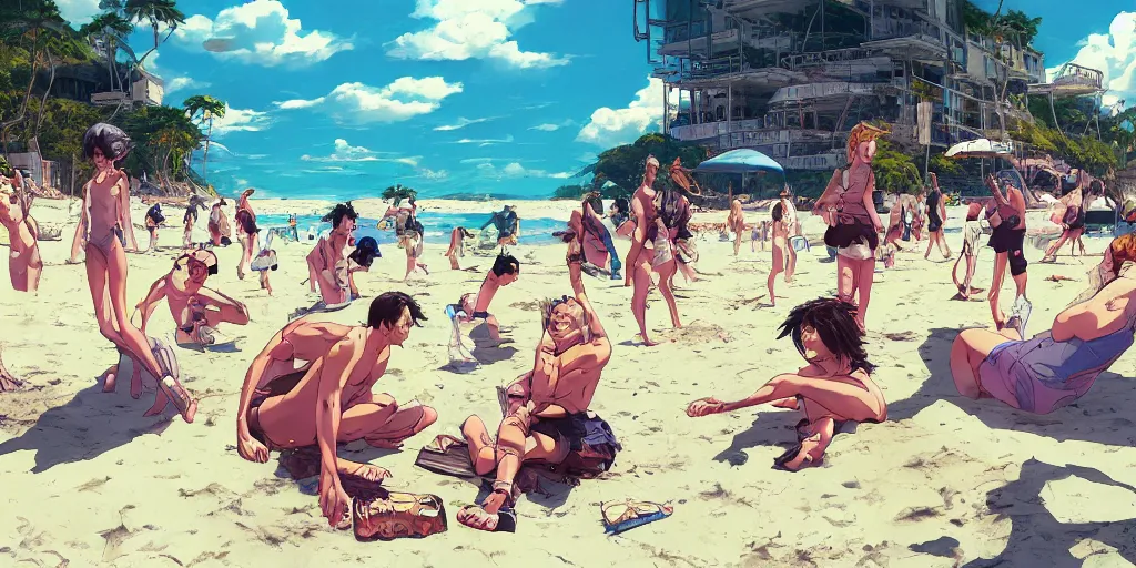 Prompt: Precisely drawn illustration of a small fantasy camp on a beach. Wide angle, Sharp, Fine Details, Anime, Manga, Cyberpunk, realistic shaded lighting, in style of Katsuhiro Otomo, Ghost in the Shell, Magali Villeneuve, Artgerm, Rutkowski, Jeremy Lipkin, Giuseppe Dangelico Pino, Michael Garmash and Rob Rey