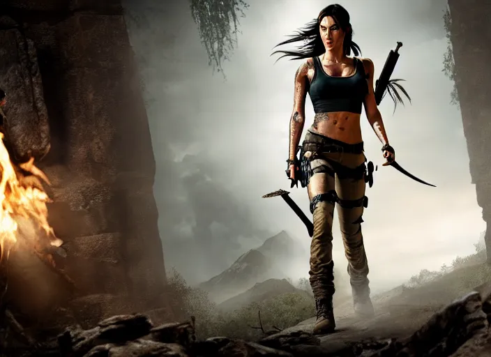 Prompt: film still of megan fox as lara croft in new tomb raider movie, 8 k