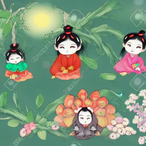 Image similar to animated chinese fairytale forest babies with ginseng leaves for their hair