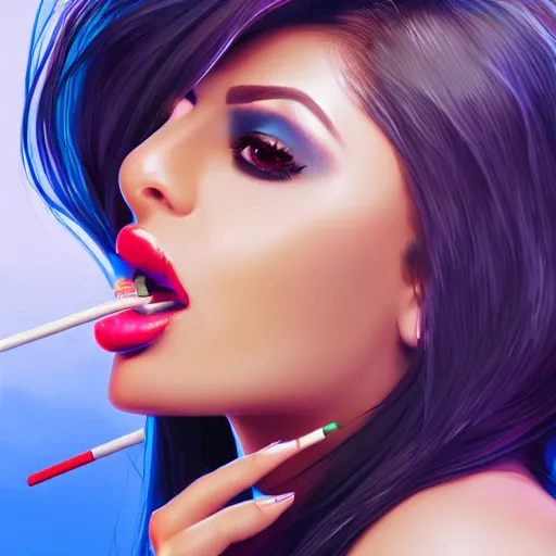 Prompt: portait of haifa wehbe, concept art, perfect lips, licking lollipop mouth, long hair centred, hd, very detailed curve, digital painting, unreal engine, amazing blue background theme