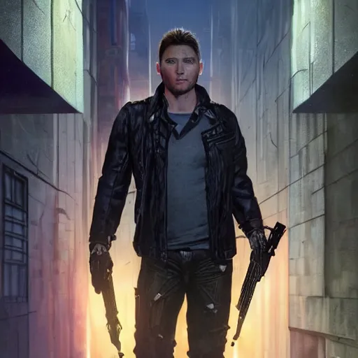 Prompt: a detailed full bodied 3 d render of an extremely handsome jensen ackles as the terminator walking down a dark alley futuristic sci fi city, holding a glowing futuristic crossbow, volumetric lighting, octane render, 8 k, art by greg rutkowski and albert bierstadt and alphones mucha