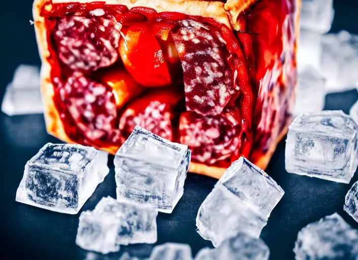 Image similar to clear highly detailed photorealistic food photograph of a big ice cube with a pizza frozen inside the cube with salami pepperoni, the cube refracts the sunlight, volumetric, the ice cubes laying on marvel stone