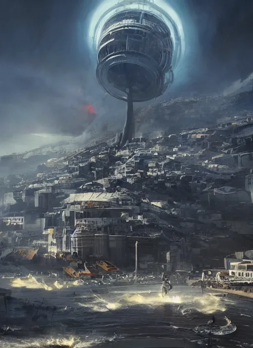 Image similar to hyper realistic squid shaped robot attacking cape town city, table mountain explosions, atmospheric beautiful details, strong composition drawn in ink by kim jung giu weta studio rutkowski, james gurney and greg rutkowski, and lucasfilm