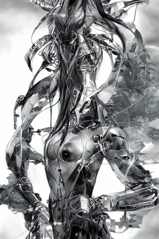 Image similar to a vertical portrait of a character in a scenic environment, black and white, dreamy, cybernetic suit, long straight black hair, highly detailed, by Yoshitaka Amano